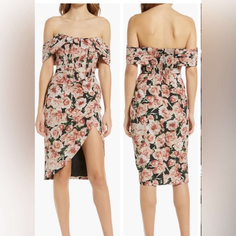 Lavish Alice Off Shoulder Floral Midi slit dress